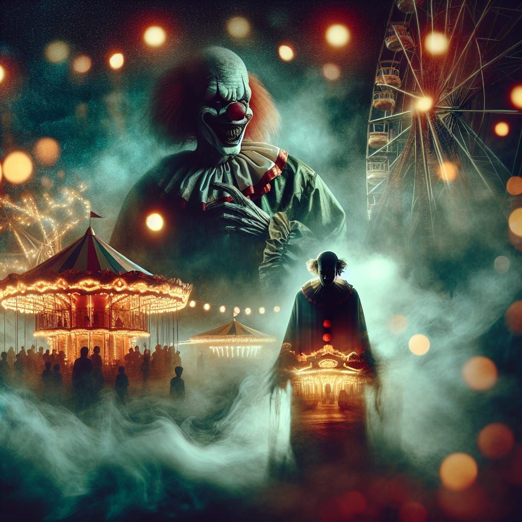 Creepy Clown Emerging From Shadows in Double Exposure