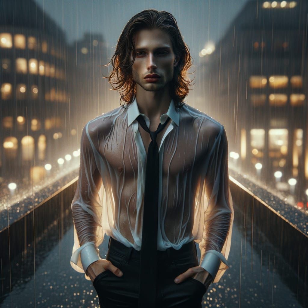 Rain-Soaked Man in Atmospheric Terrace Scene