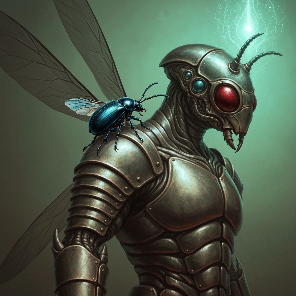 Beetle Perched on Armored Wasp Humanoid
