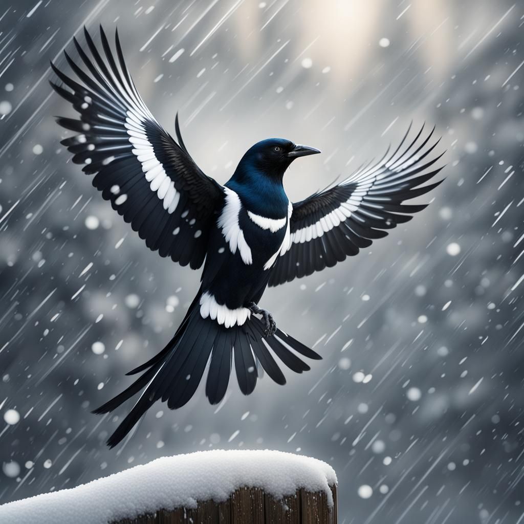 Magpie Bird in Snowstorm: Epic Digital Painting