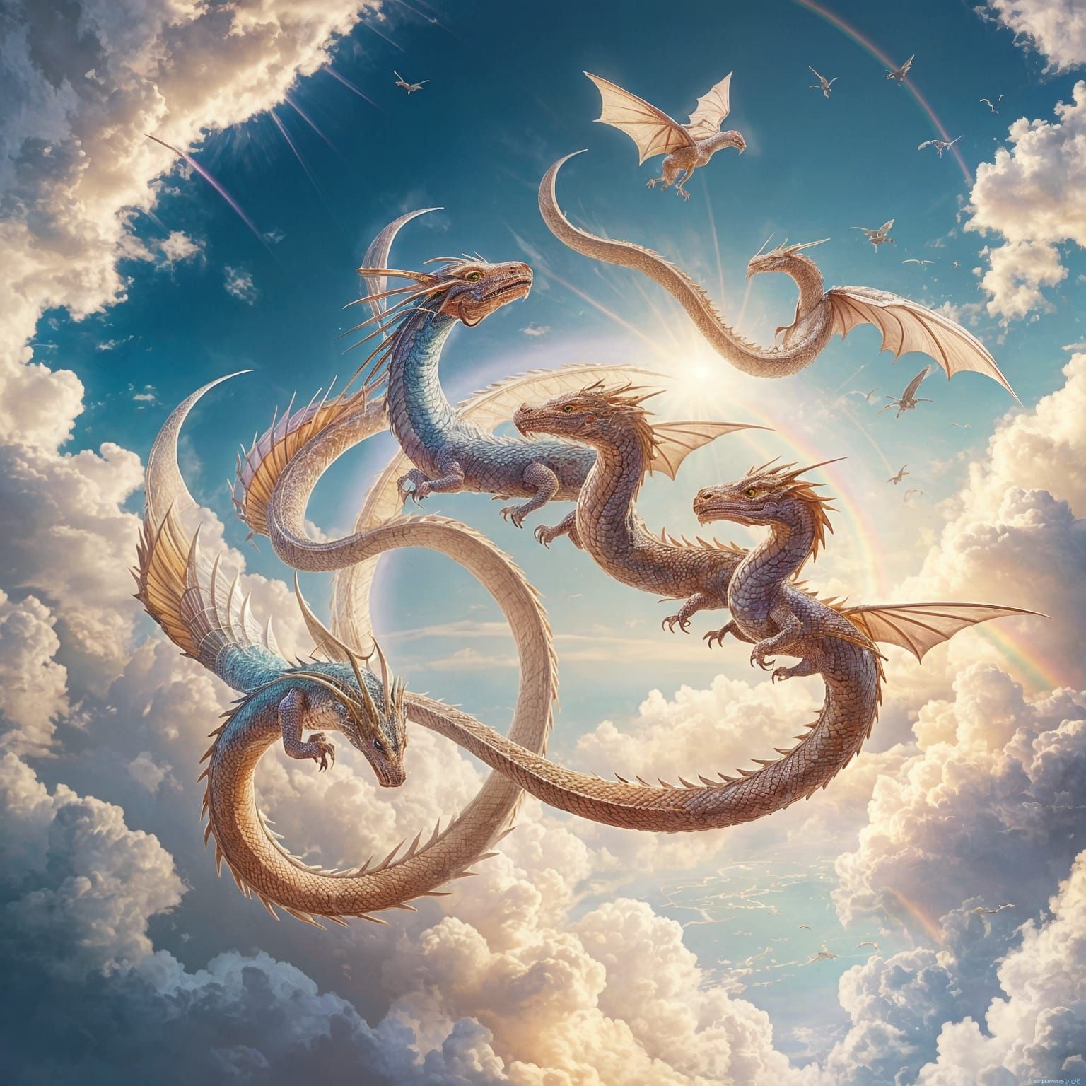 Rainbow Dragon Flock in Ethereal Landscape