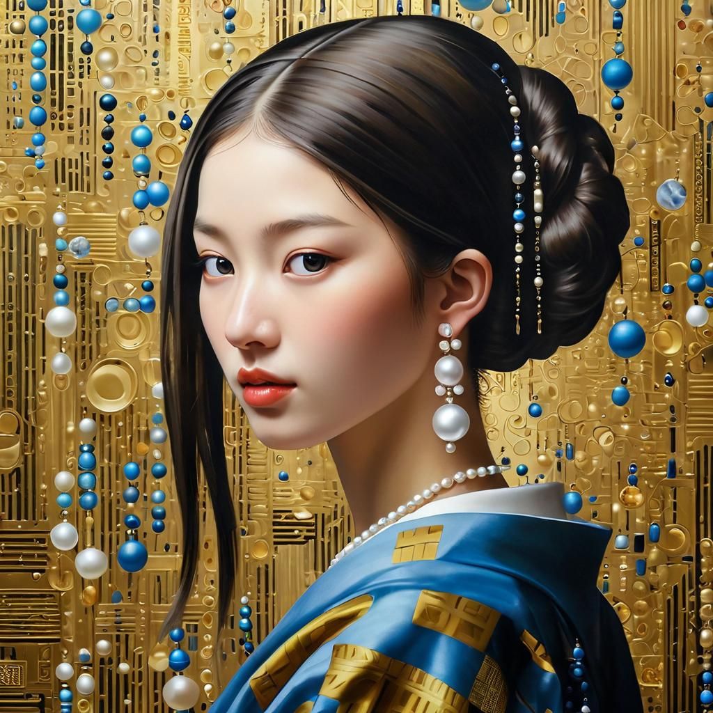 Vermeer-Style Asian Girl in Binary Code Dream
