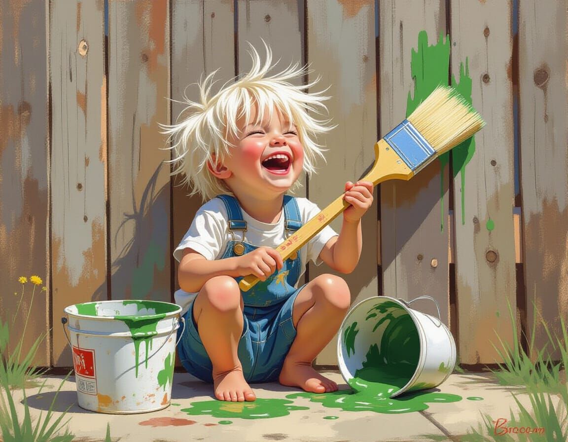 Child Laughing While Painting Fence with Green Paint