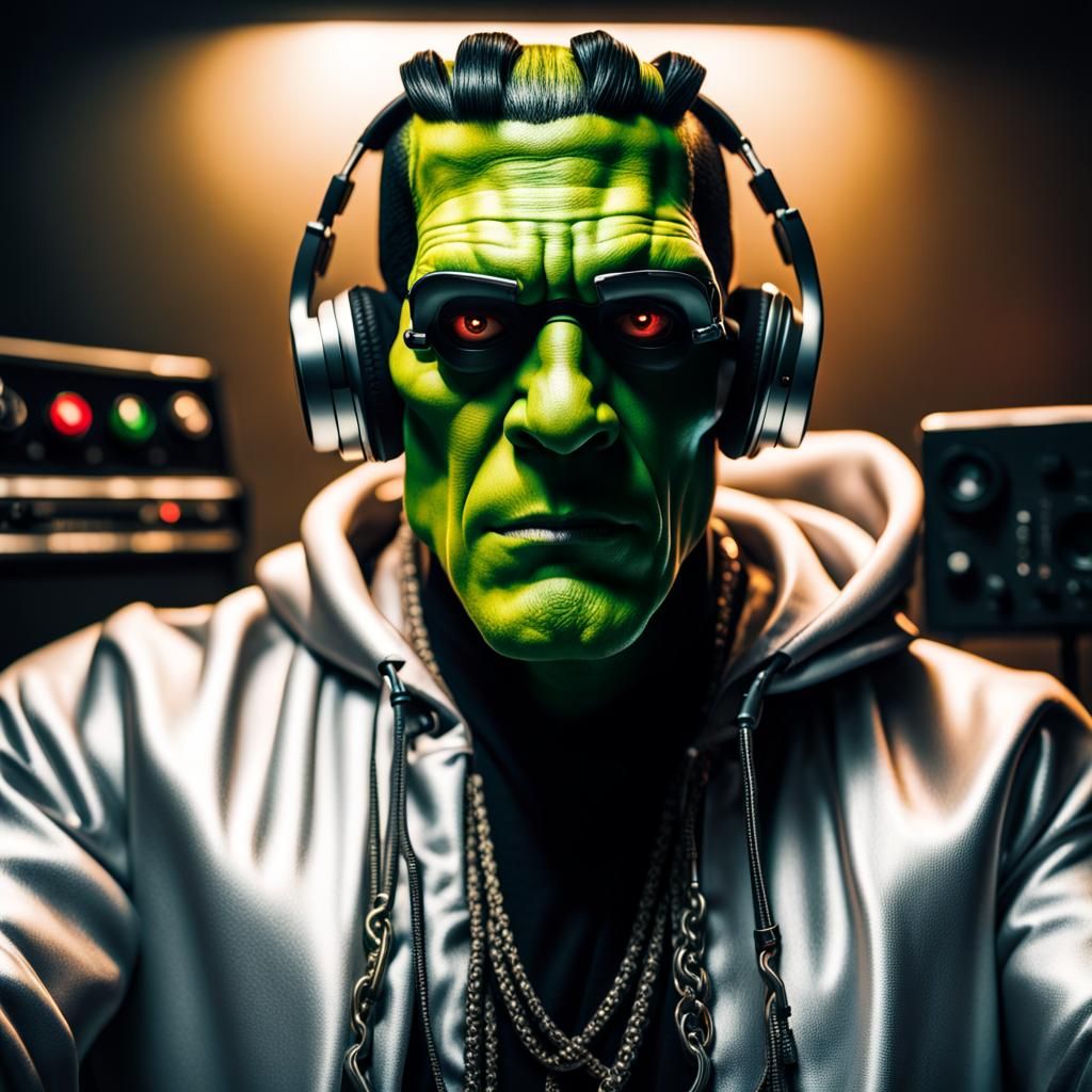 Frankenstein as Flashy Rapper in Music Studio