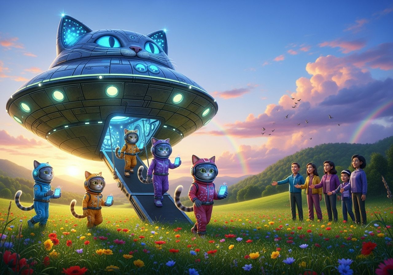Cat UFO Lands on Earth in Colorful Meadow