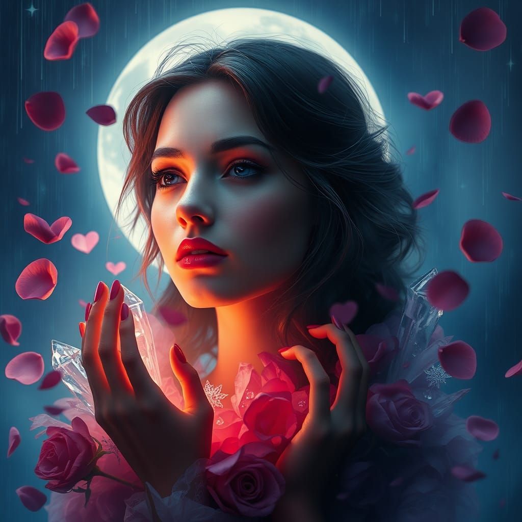 Ethereal Woman Portrait with Rose Petals in Dreamlike Matte ...