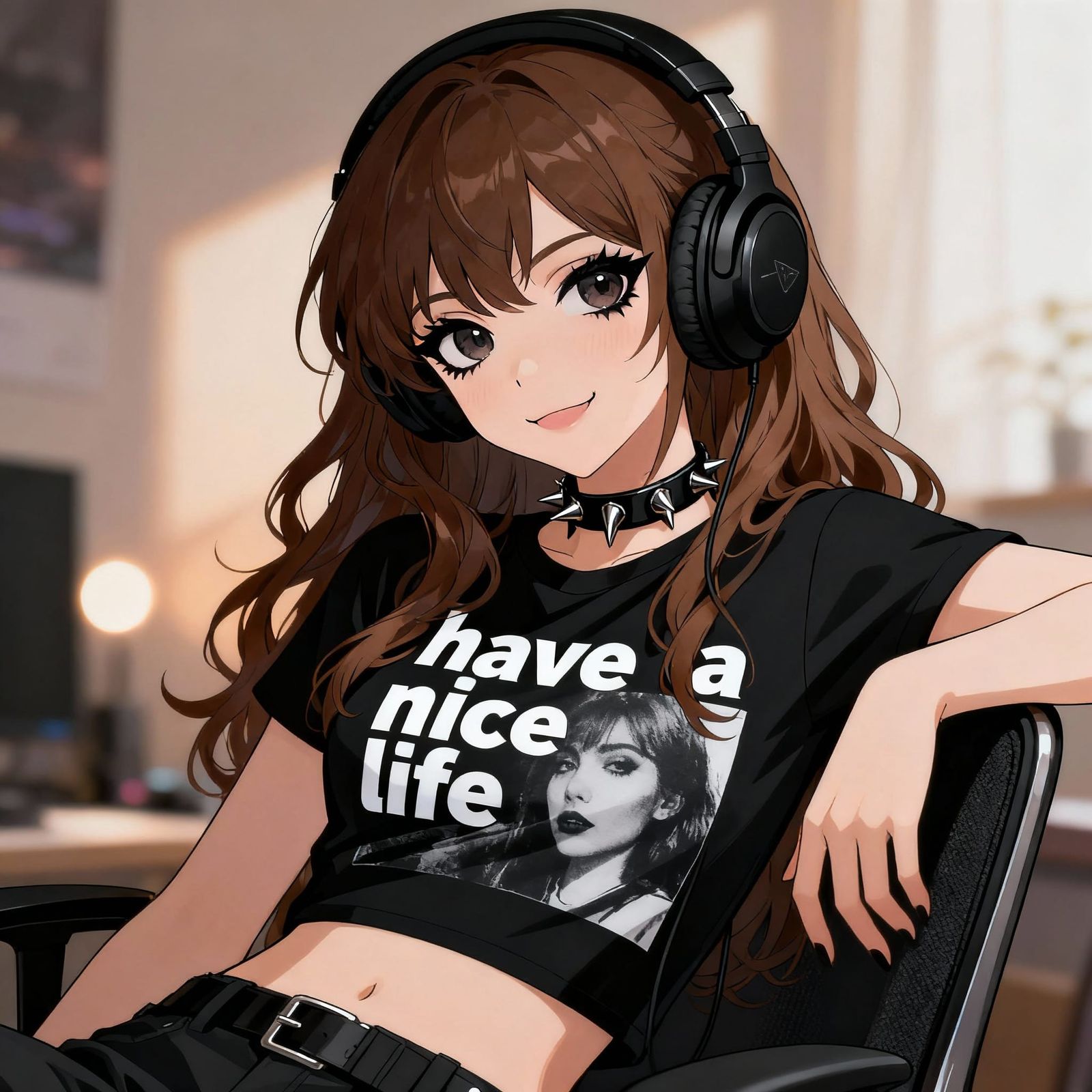 Anime Girl with Headphones, Confident Expression