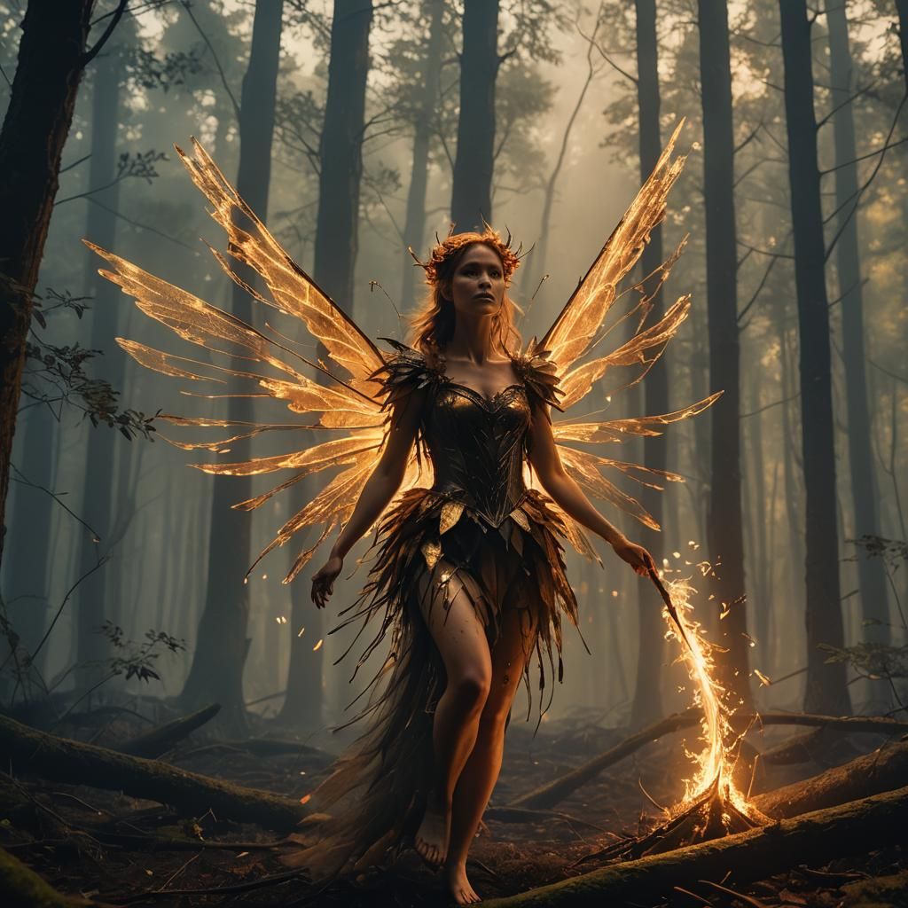Fiery Fairy in Misty Forest: Cinematic Still