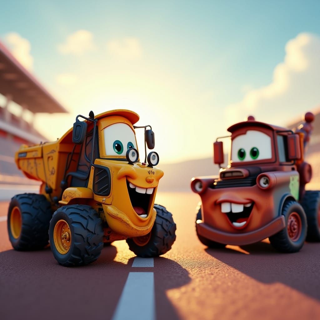 Animated Earthmover and Mater at Racetrack, 3D Render