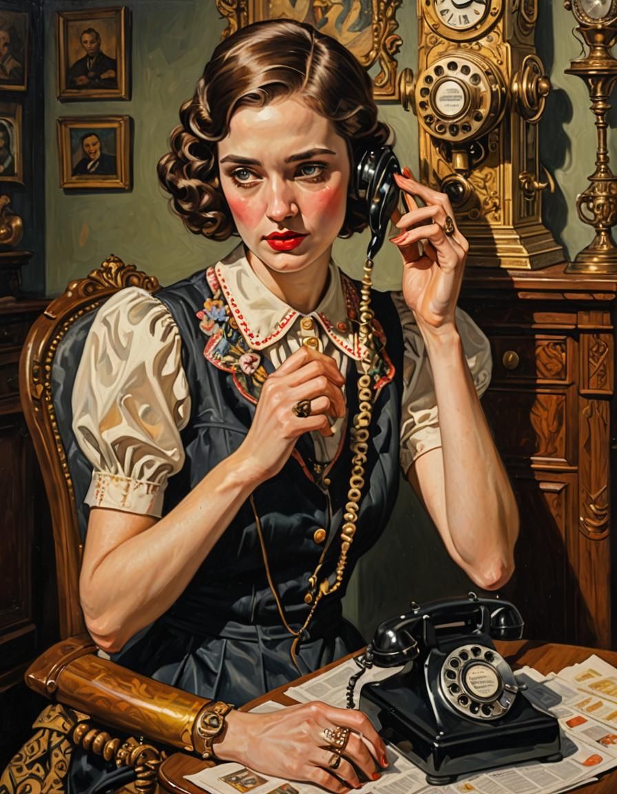 Flirty Girl in 1930s Fashion on Antique Telephone