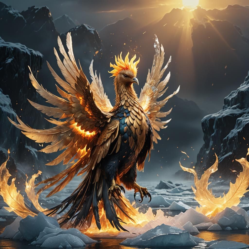 Golden Phoenix Descends on Frozen Sea: Digital Art