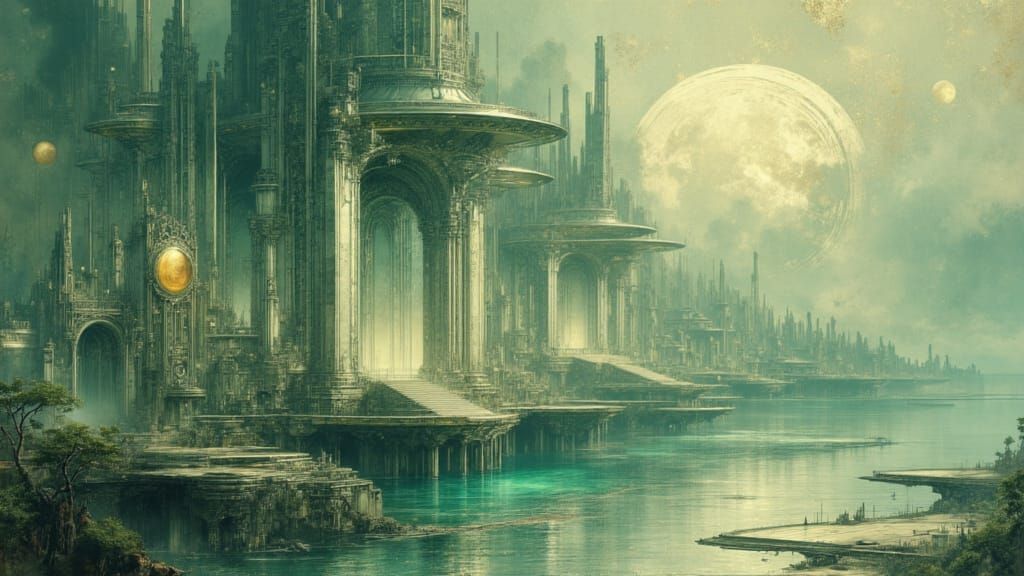 Alien City Temple on Futuristic Planet Shores