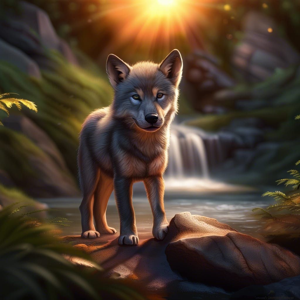 Hyperrealistic Wolf Cub in Colorful Sunset Setting