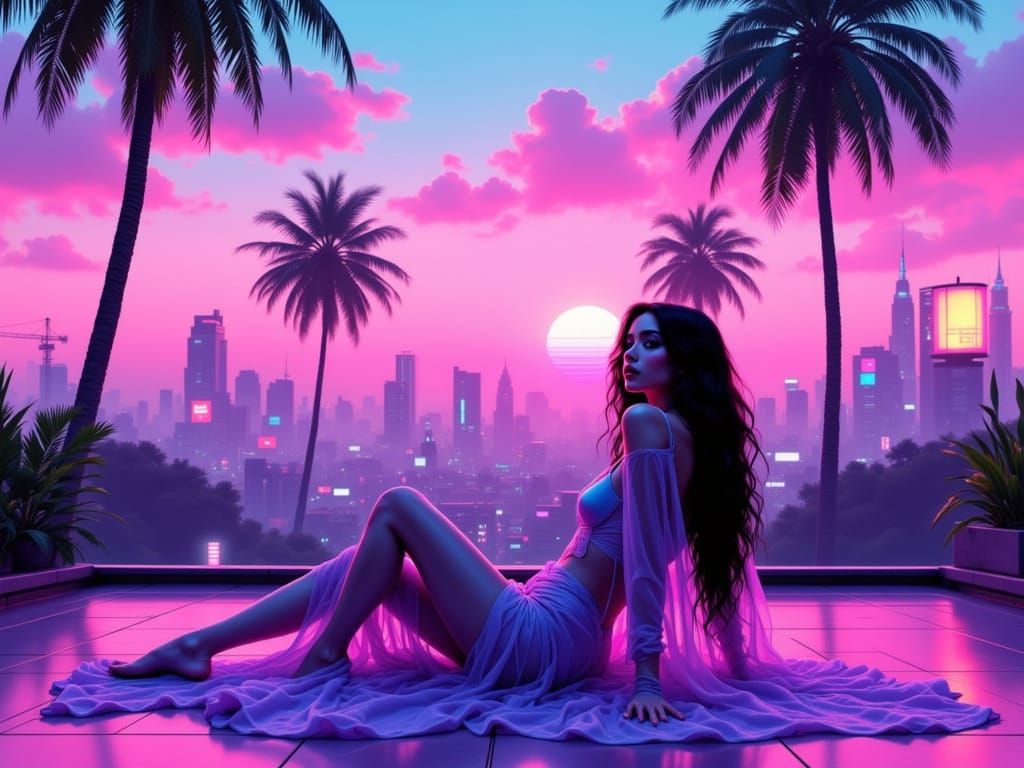 Cyberpunk Goddess on Neon Rooftop with Vaporwave Skies