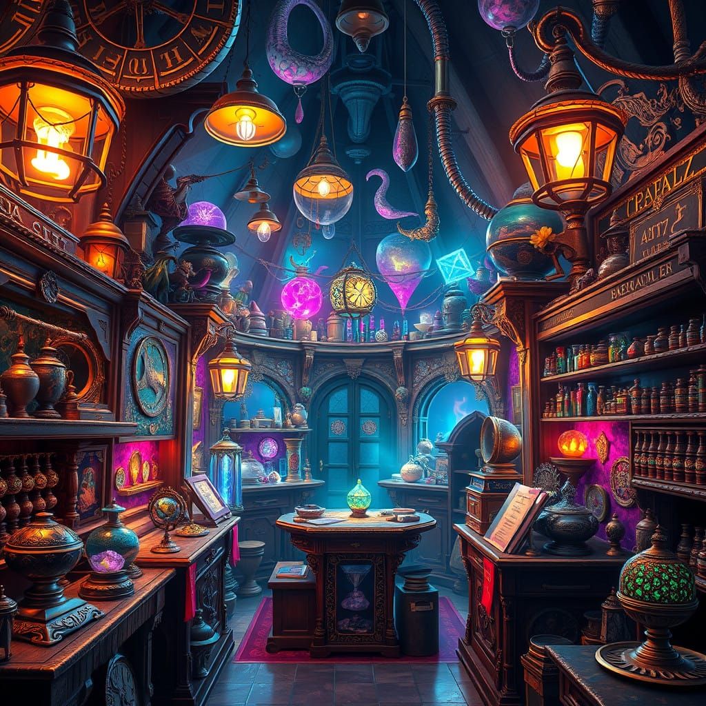 Mystical Shop of Wonders in Neon-Lit Fantasy
