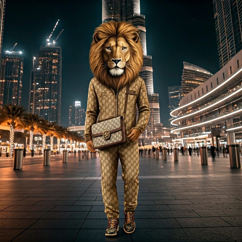 Lion's Dubai Stroll: Gucci Style in Murakami Aesthetic