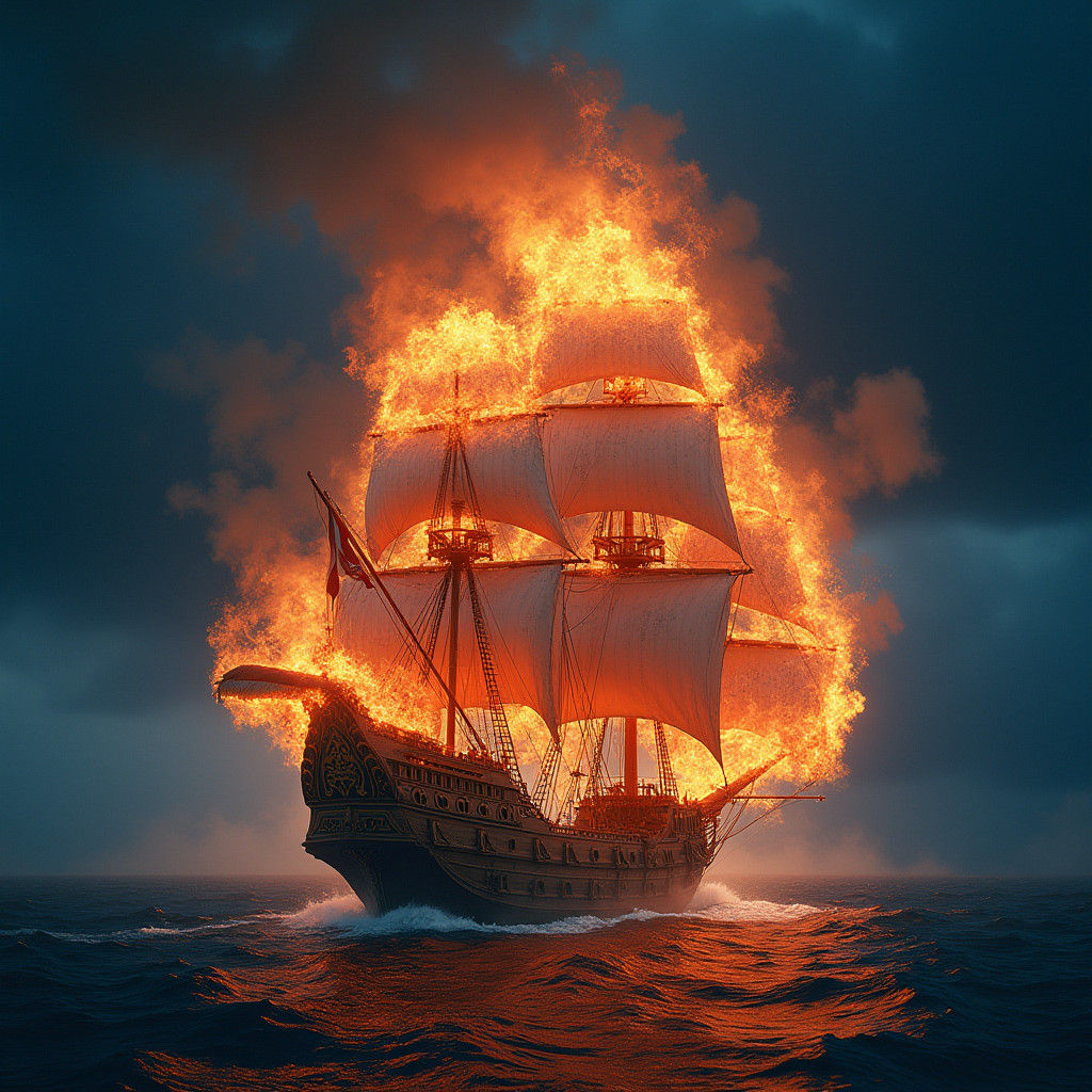 Plasma Pirate Ship on Fire in Dreamy Artwork