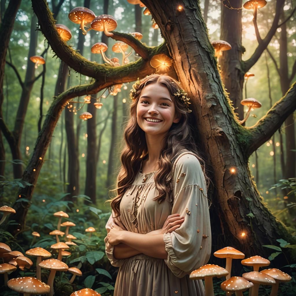 Enchanting Forest Maiden in Whimsical Nature Landscape