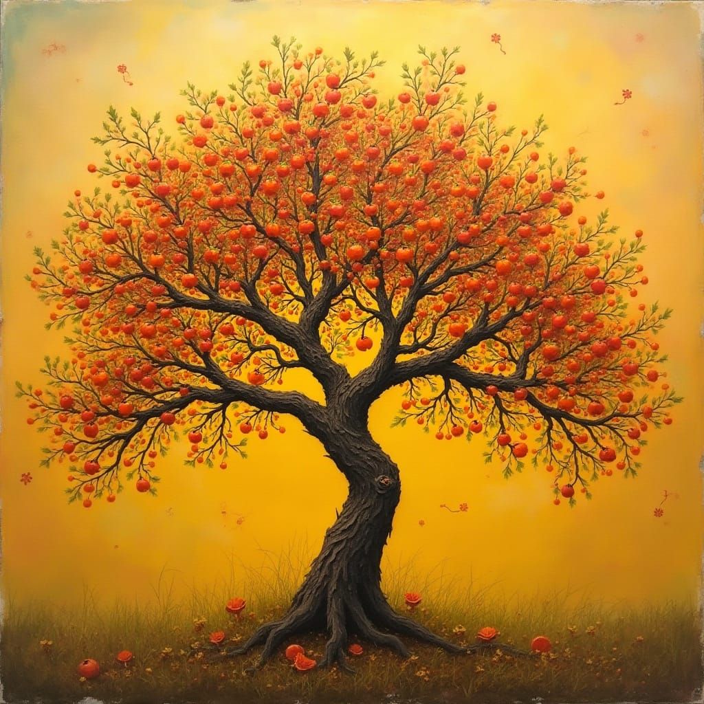 Wire Tree with Golden Backdrop in Oil Painting Style