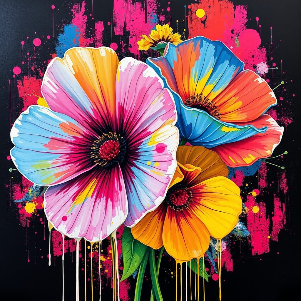 Oversized Flowers in Graffiti Art Style with Ink Splatters
