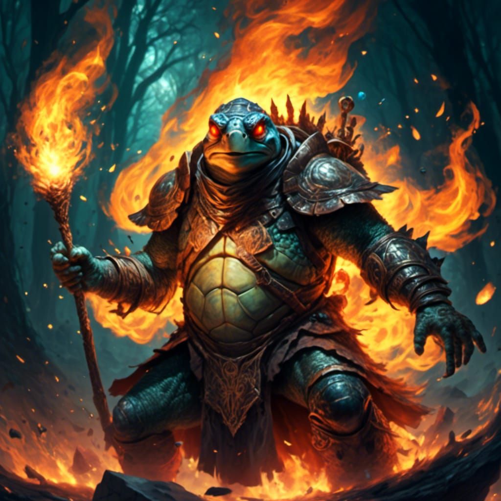 <lora:MeinaCafe:1.0> A turtle-man wildfire Druid surrounded ...