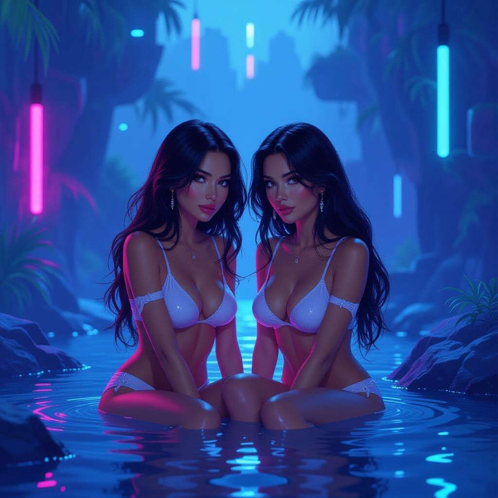 Gemini Twins in a Mystical Neon Landscape