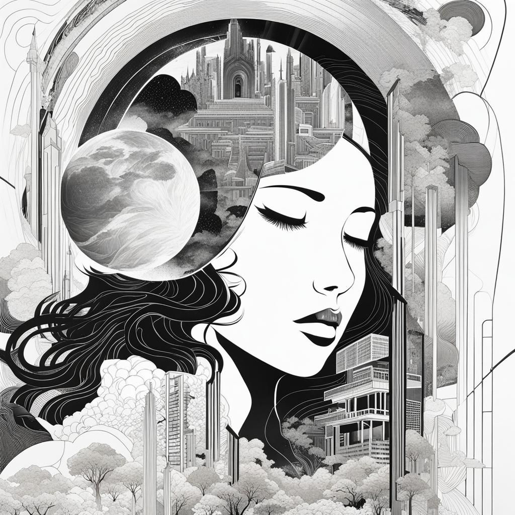 Monochrome Line Art Anime Dreamscape