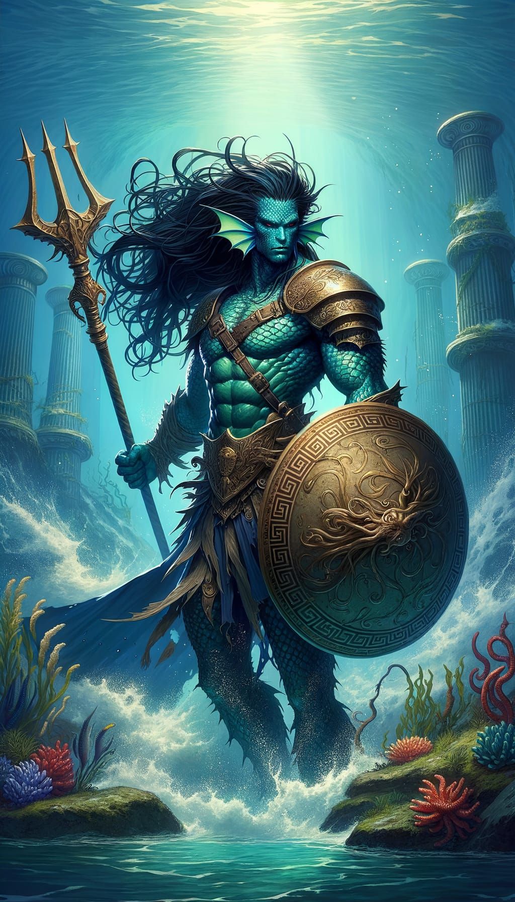 Majestic Triton Warrior in Late 19th-Century Cel-Shaded Styl...