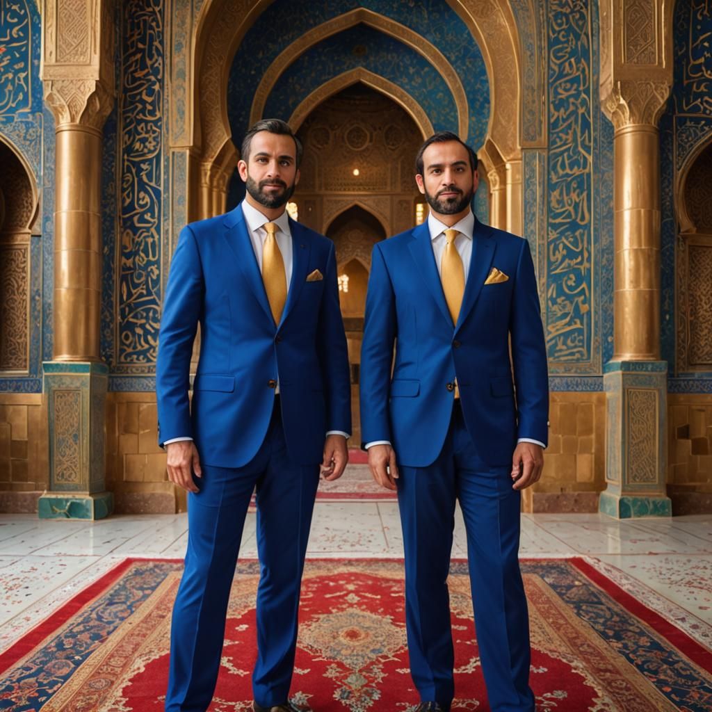 Men in Blue Suits Inside a Splendid Mosque