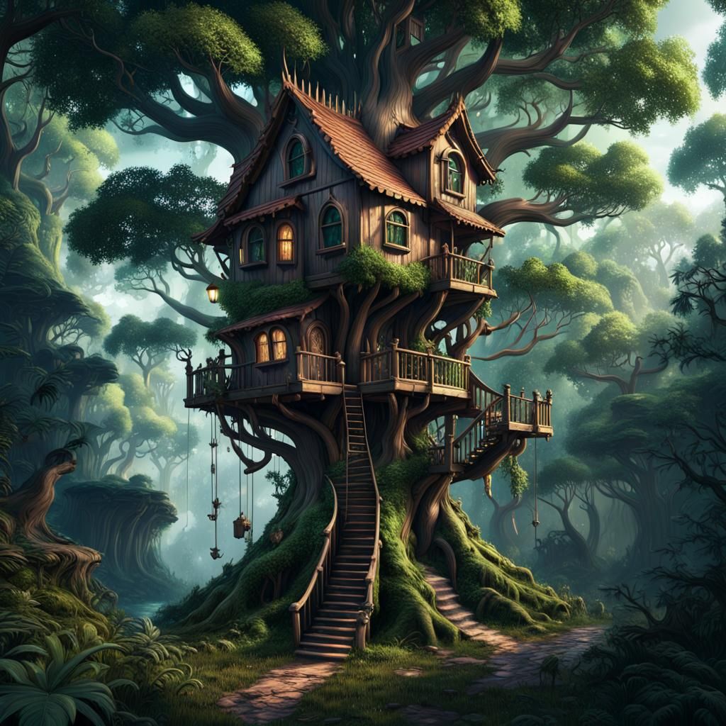 Fantasy Treehouse in Forest: Detailed Matte Painting