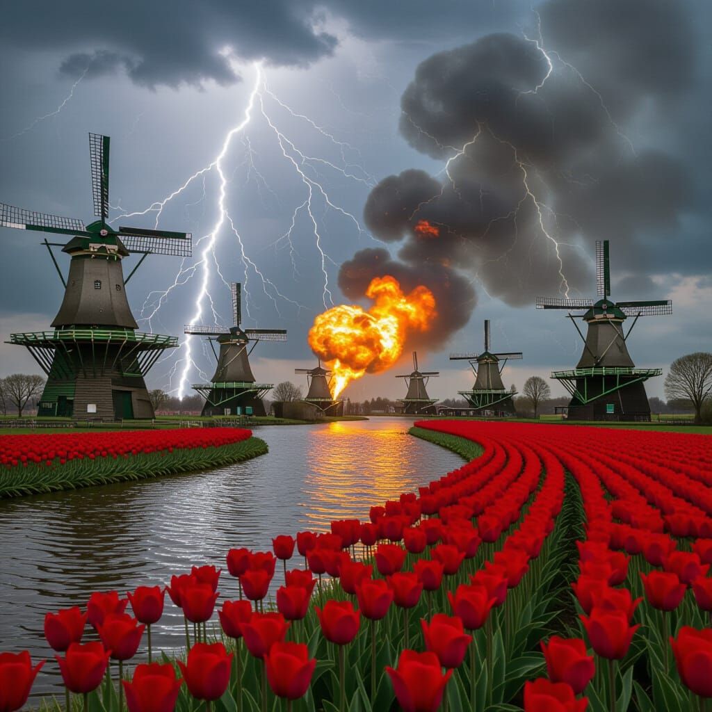 Burning Dutch Canal Scene with Windmills and Tulips