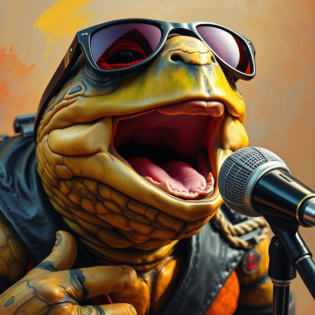 Anthropomorphic Turtle Sings Rock Song in Expressionistic St...
