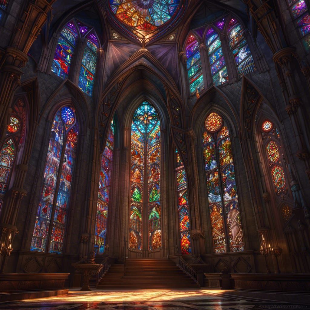 Stained Glass Cathedral Windows in Dark Fantasy Style