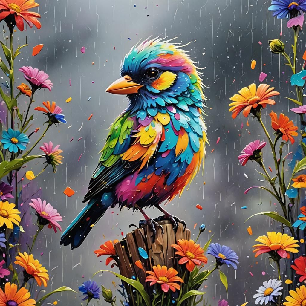 Colorful Bird in Rainy Graffiti Art Style