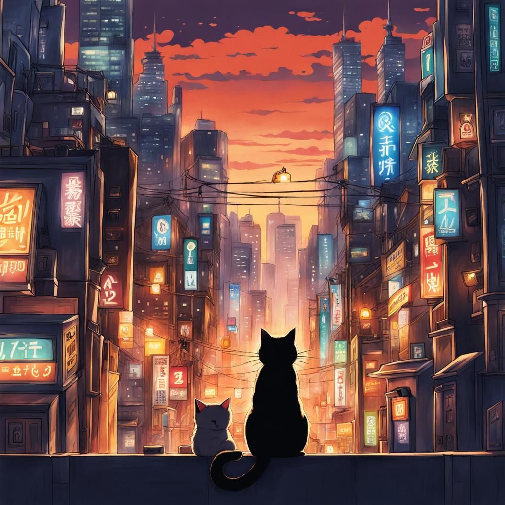 Anime Style Cityscape with Central Cat