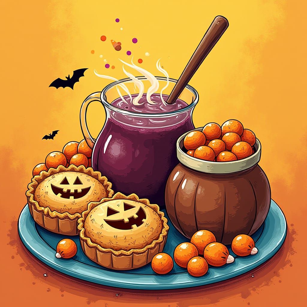 Whimsical Halloween Snacks in Comic Style Drawing