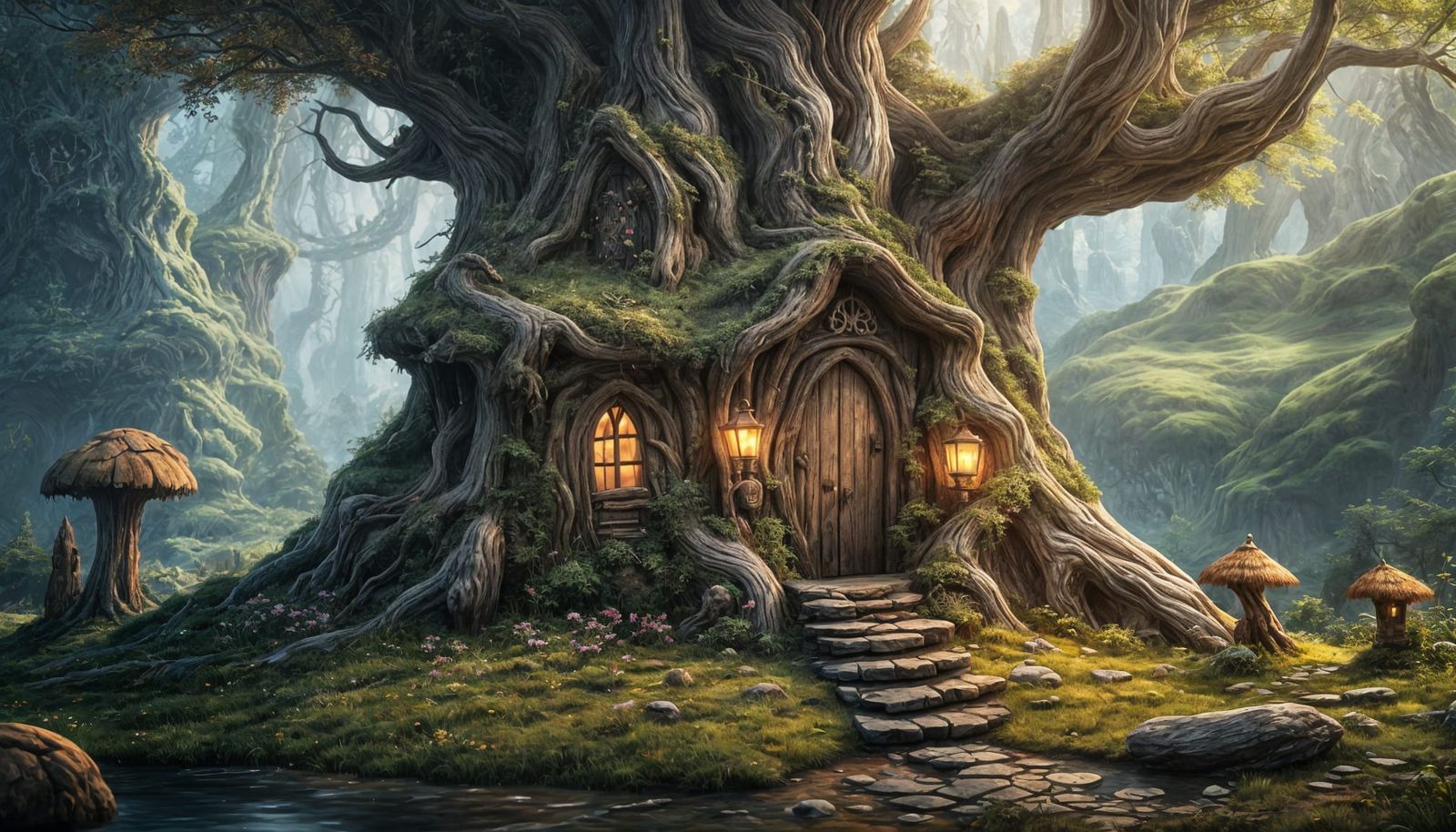 Enchanted Elf House in Tree Stump, Fantasy Art