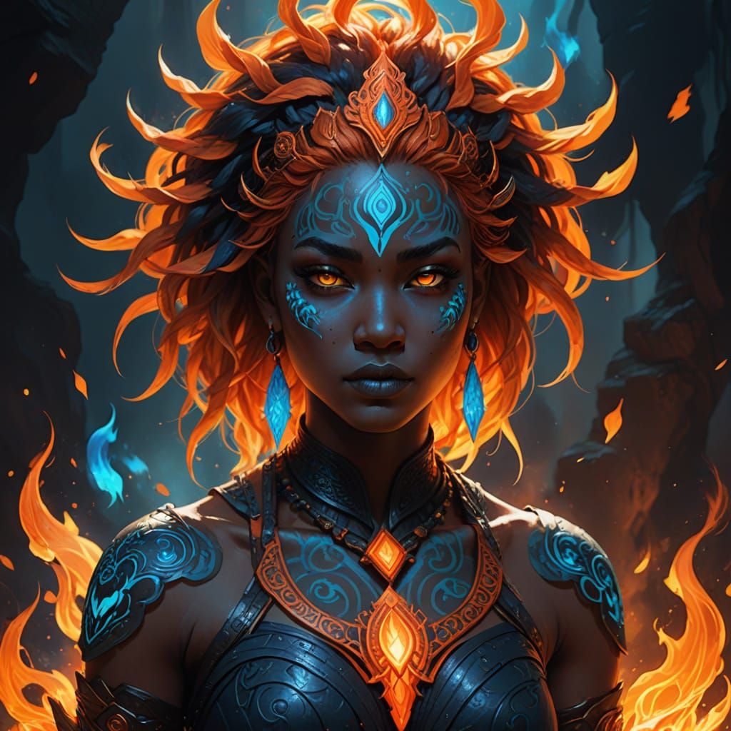 Fire Goddess With Blue Hair and Obsidian Skin