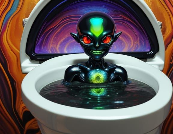 Creepy Alien Child Bathes in Vibrant Toilet, Surreal Oil Pai...