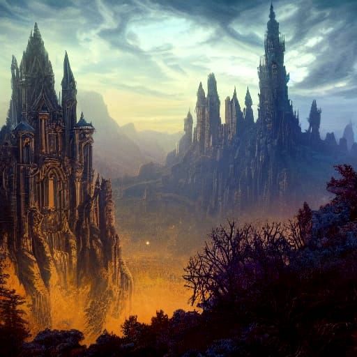 Dark Fantasy Tower City in the Mountains, Masterpiece Art