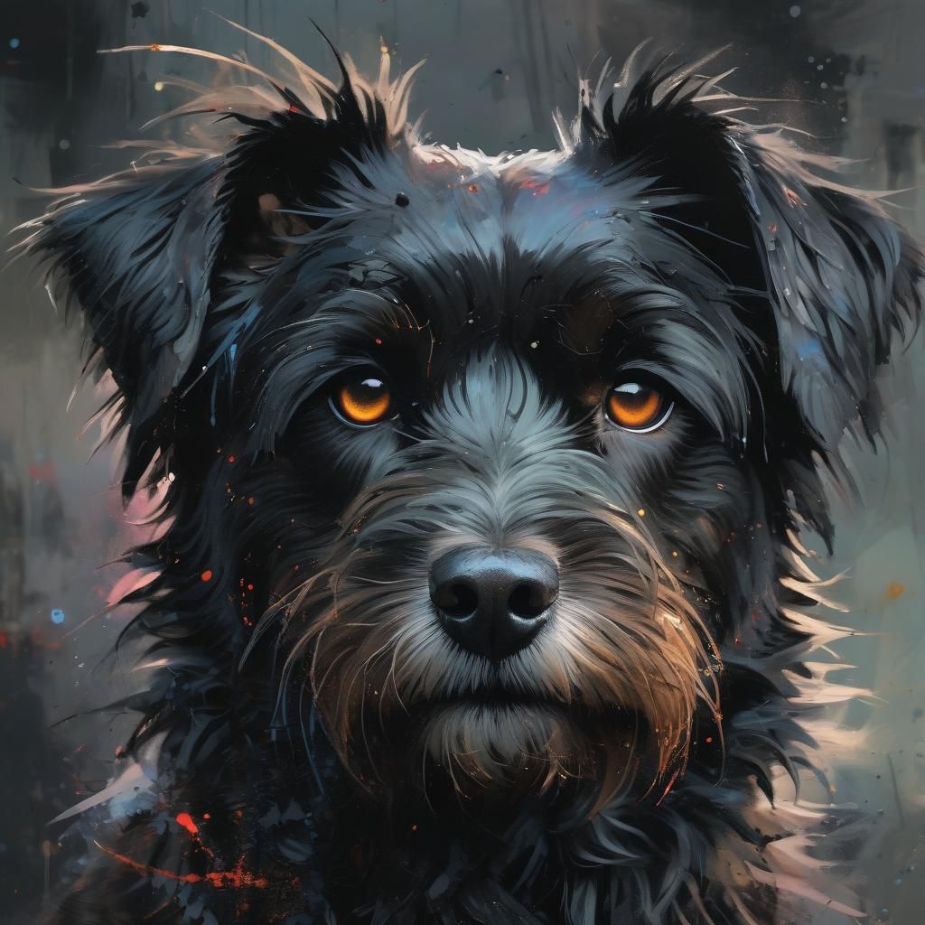 Closeup portrait of gorgeous baby fluffy black terrier dog, Ismail Inceoglu, Craig Mullins, Carne Griffiths, Jeremy Mann...