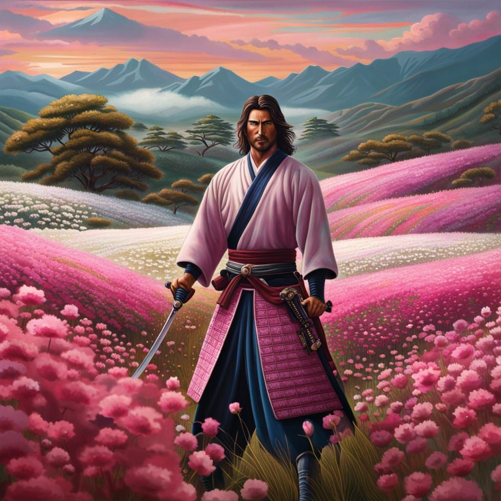 Last samurai in an open field filled with pink and white Flowers, holding his sword,complementary colors, highly detaile...