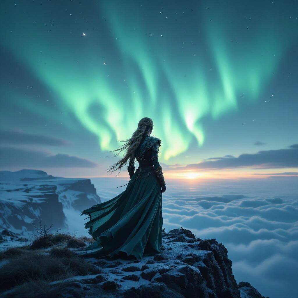 Valkyrie Gazing at Aurora Borealis in Cinematic Style