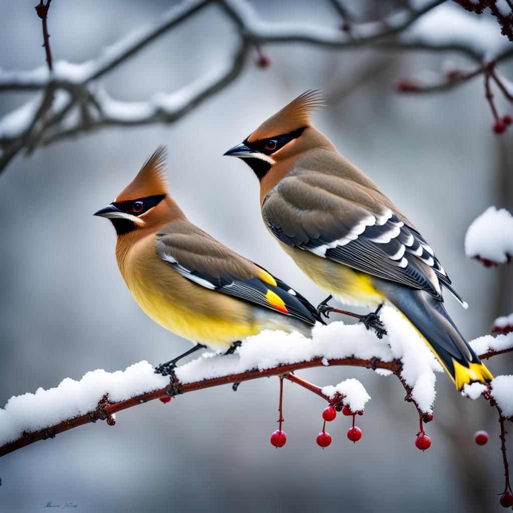 Cedar Waxwings on Snowy Branch: Hyperrealistic Bird Photogra...