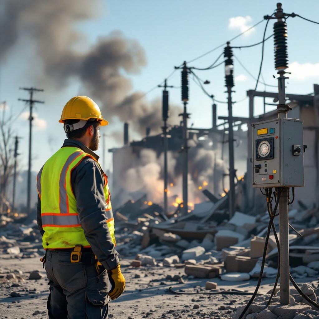 Electrician Surveys Damaged Substation in Realistic Concept ...