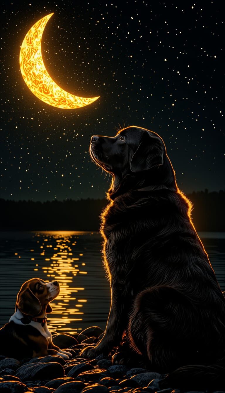 Labrador and Beagle by Golden Moonlit Lake