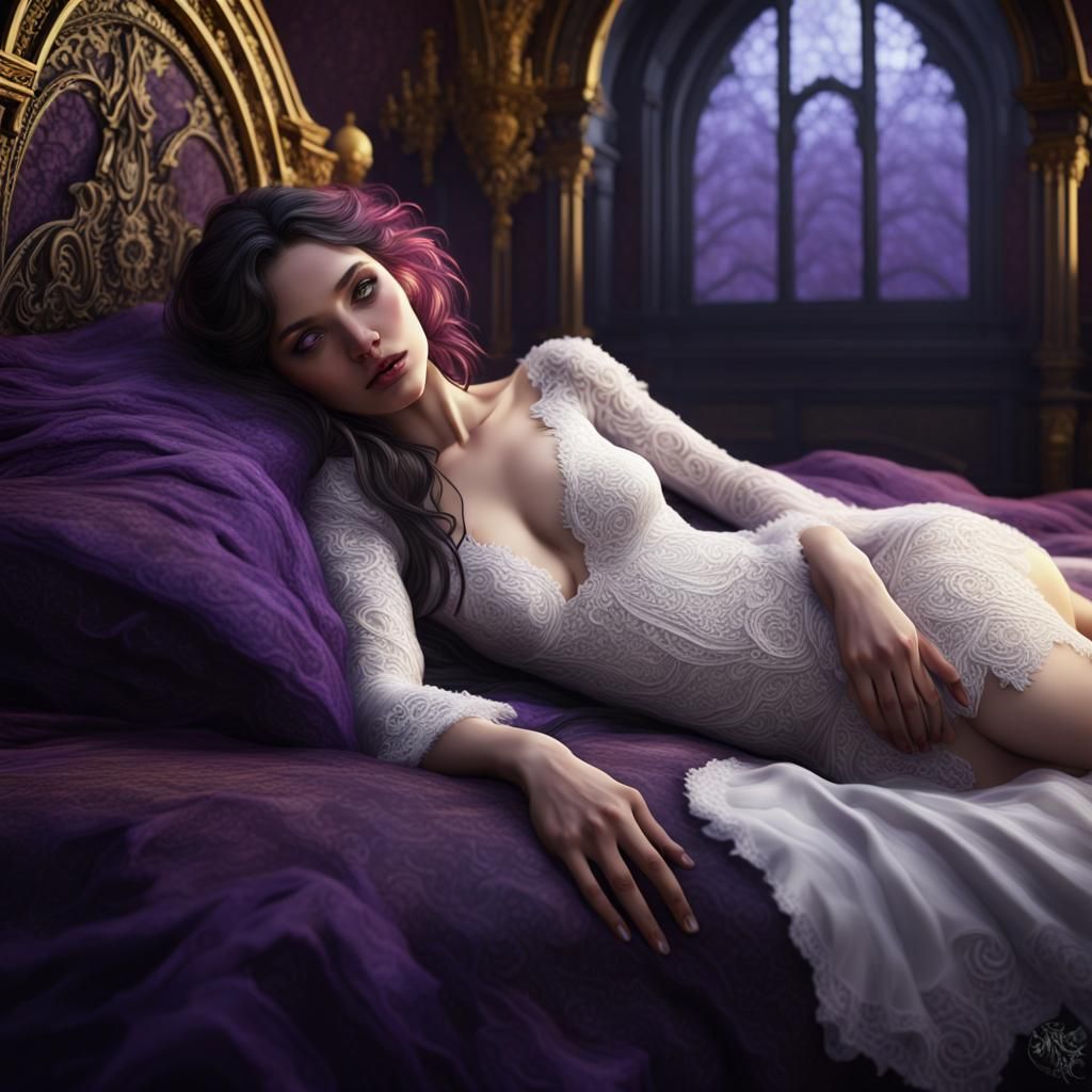 Girl in Lace on Fur Bed: Dark Fantasy Masterpiece