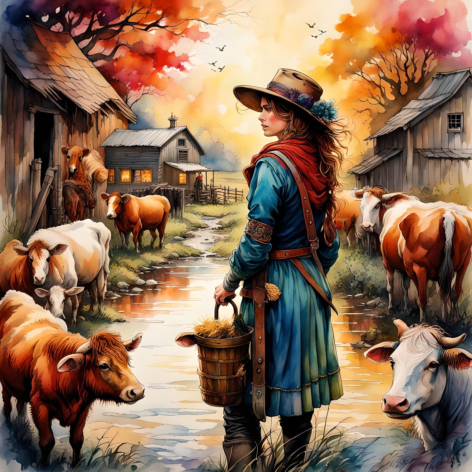 Barnyard Scene: Retro Ink and Watercolor Illustration