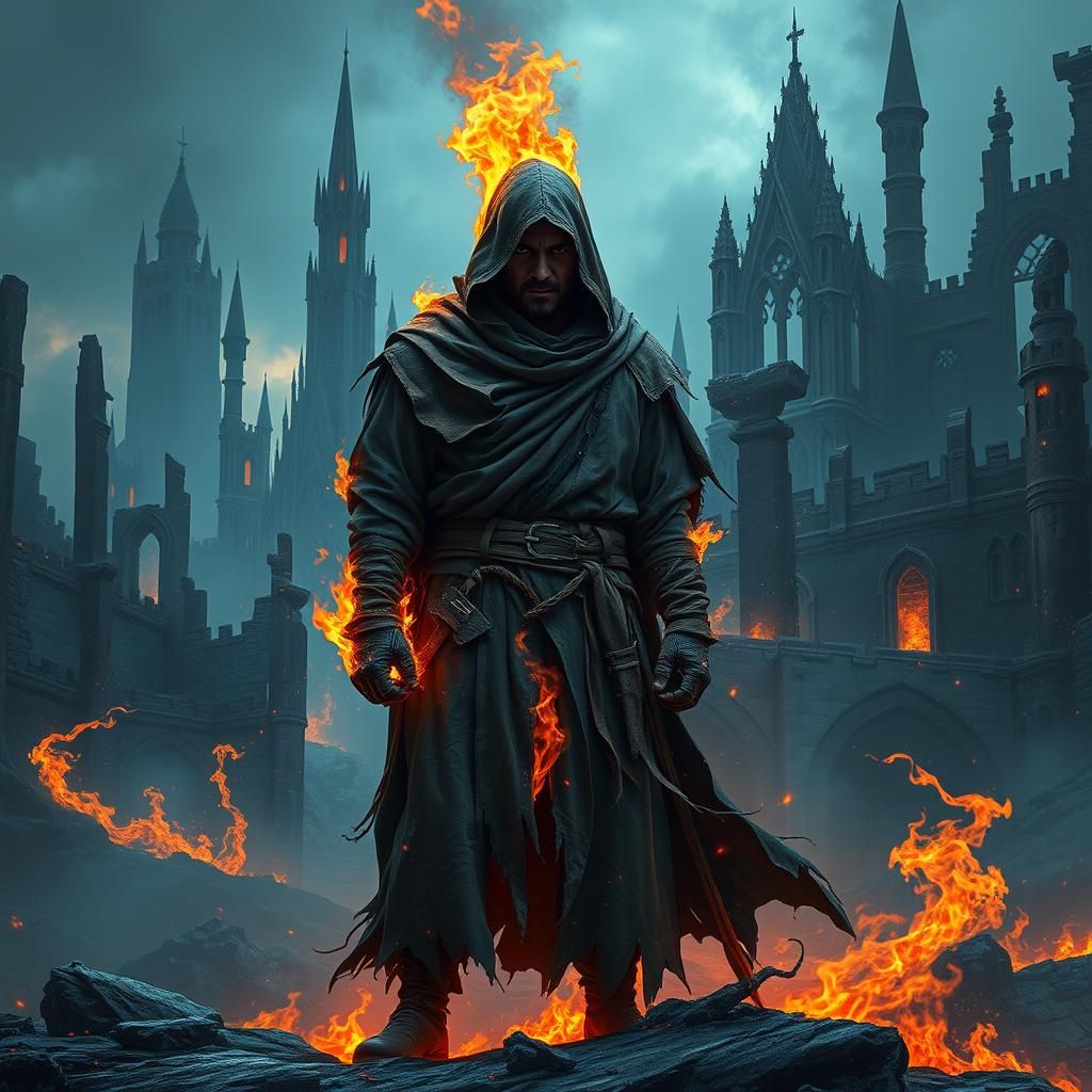 Flaming Wanderer in Ruined City, Digital Art