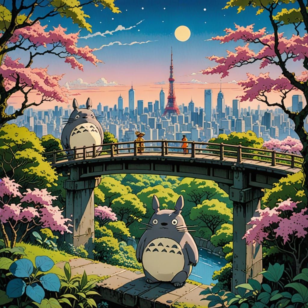 Totoro Overlooking Tokyo in Watercolor Comic Style